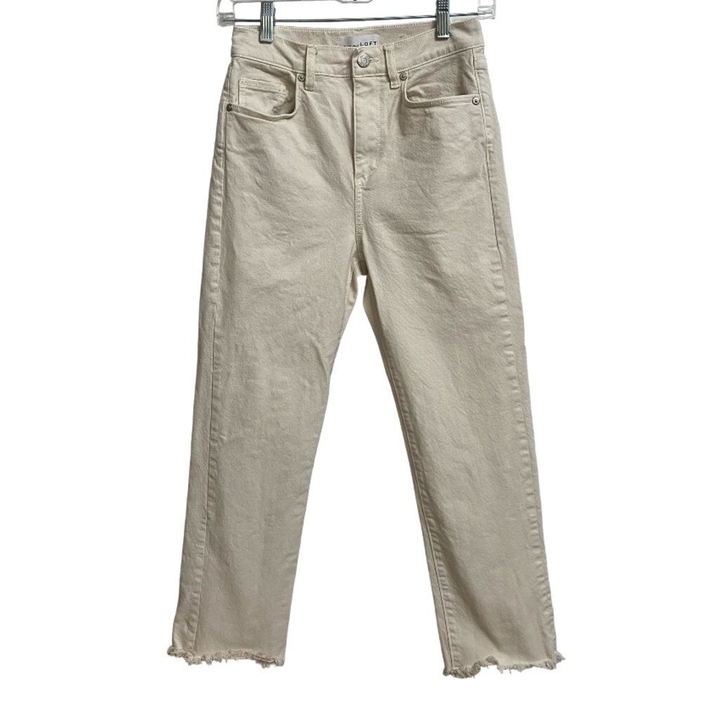 LOFT The Straight Crop Jeans Size 24P Cream Raw Hem High Waist Summer Festival